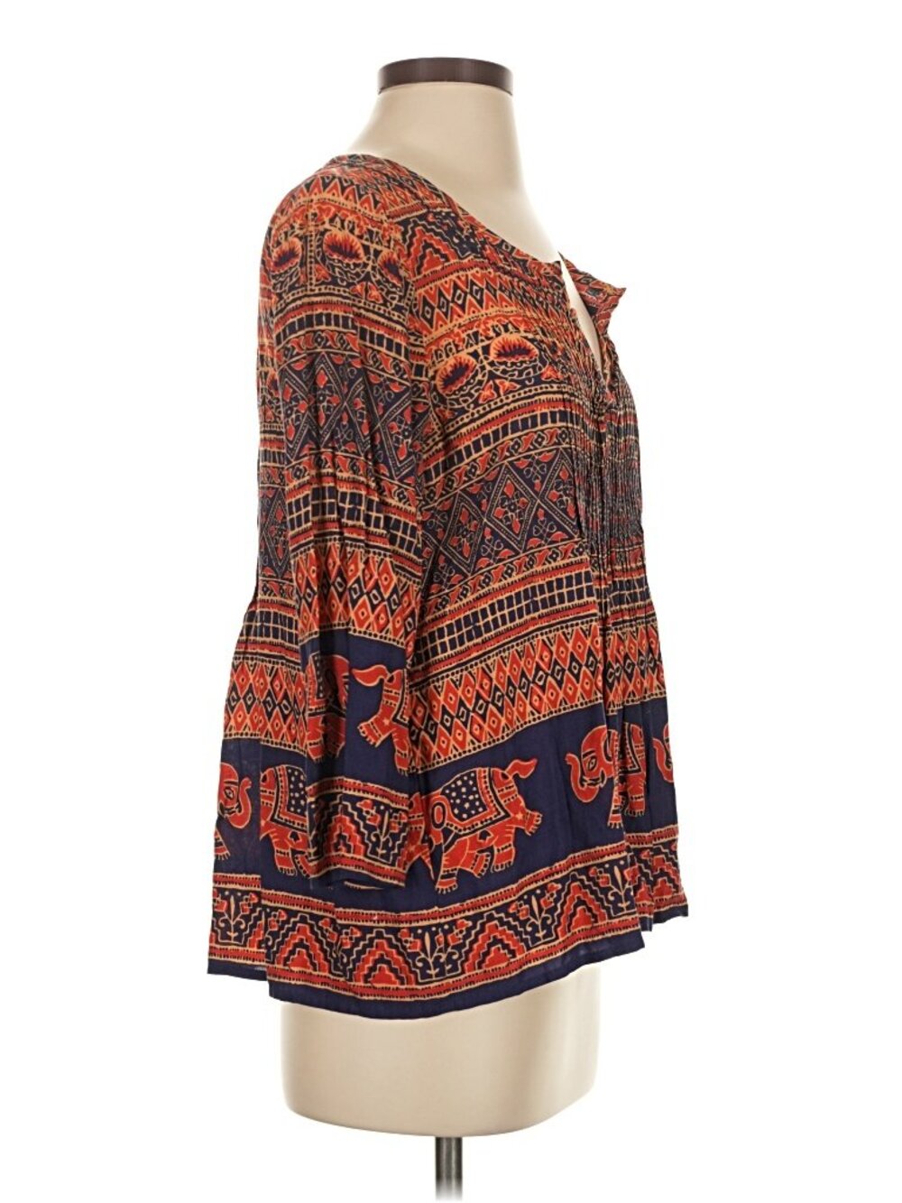 ANTHRO Vanessa Virginia Tribal Elephant Print Blouse Boho Split Neck Size 4 - Picture 5 of 10